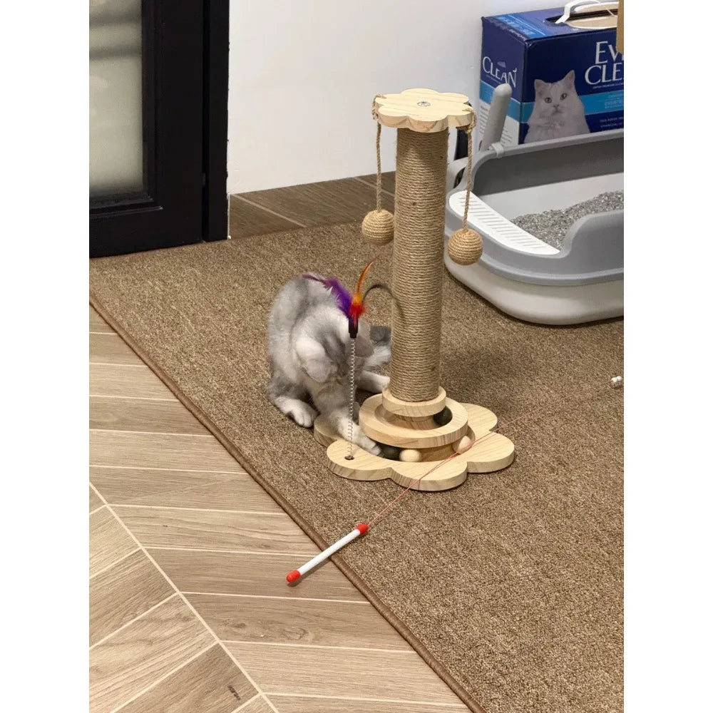Cat Scratching Post with Teaser Wand, Wear-Resistant Sisal Scratcher Turntable