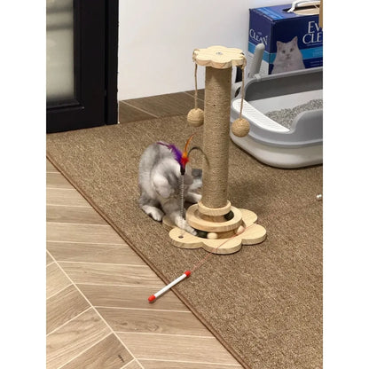 Cat Scratching Post with Teaser Wand, Wear-Resistant Sisal Scratcher Turntable