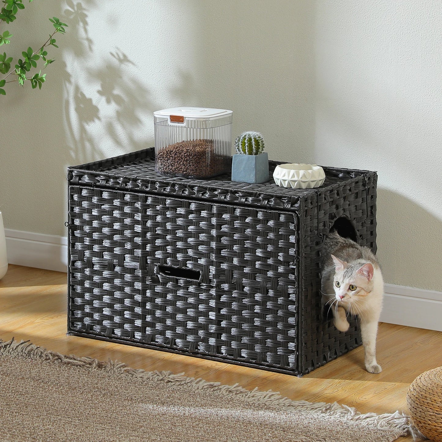 Rattan Cat Litter Box Enclosure Furniture with Door, Hidden Litter Odor Control