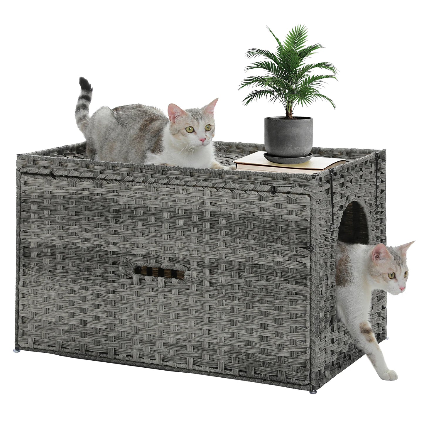 Rattan Cat Litter Box Enclosure Furniture with Door, Hidden Litter Odor Control