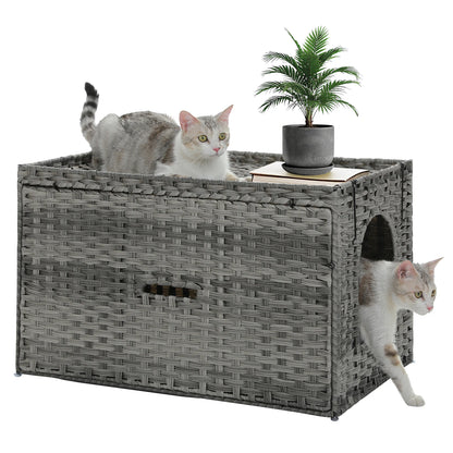 Rattan Cat Litter Box Enclosure Furniture with Door, Hidden Litter Odor Control