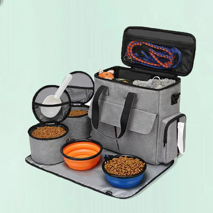 Pet Travel Bag Backpack Organizer for Week Away/Overnight, w/ 2 Food Bags 1 Waterproof Placemat 2 Foldable Bowls