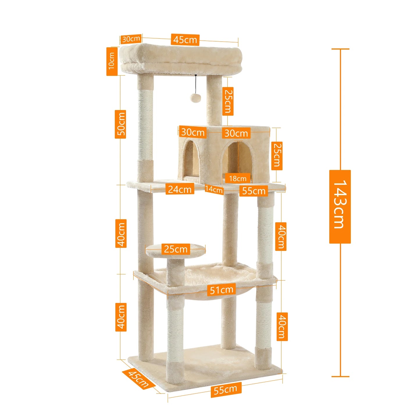 4-Level Cat Tower for Large Cats with Large Hammock Sisal Covered Scratching Posts Cozy Condo Top Perch