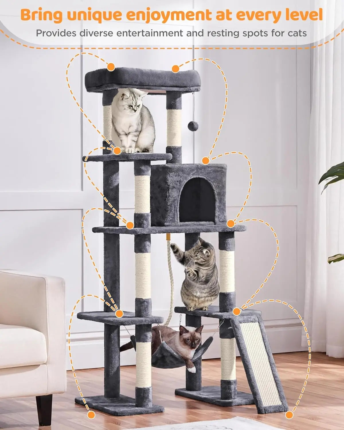 Large Multi-Level Cat Tree, 63 Inches Tall with Sisal-Covered Scratching Posts, Condo, Hammock, Dangling Balls