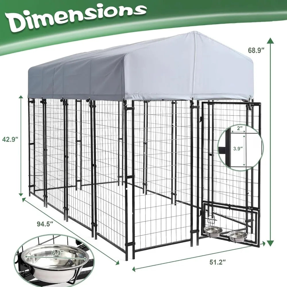 8x4x6 FT Heavy Duty Outdoor Dog Kennel with Roof, Rotating Bowls, Secure Lock for Large Dogs