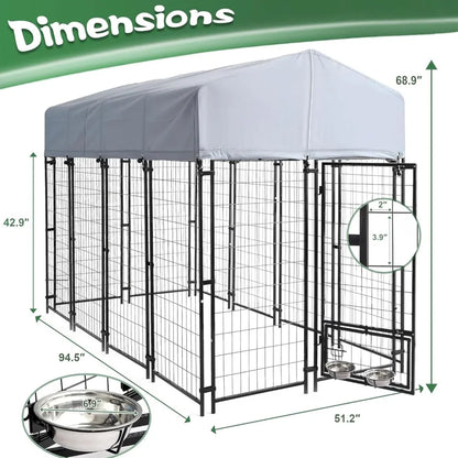8x4x6 FT Heavy Duty Outdoor Dog Kennel with Roof, Rotating Bowls, Secure Lock for Large Dogs