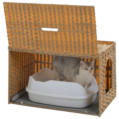 Rattan Cat Litter Box Enclosure Furniture with Door, Hidden Litter Odor Control
