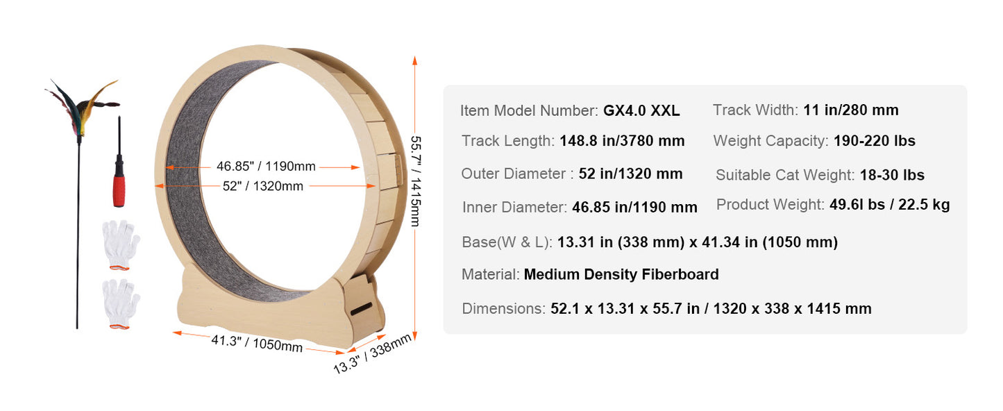 Wooden Cat Exercise Wheel Large Cat Treadmill Wheel for Indoor Cat Running Wheel with Detachable Carpet& Cat Teaser