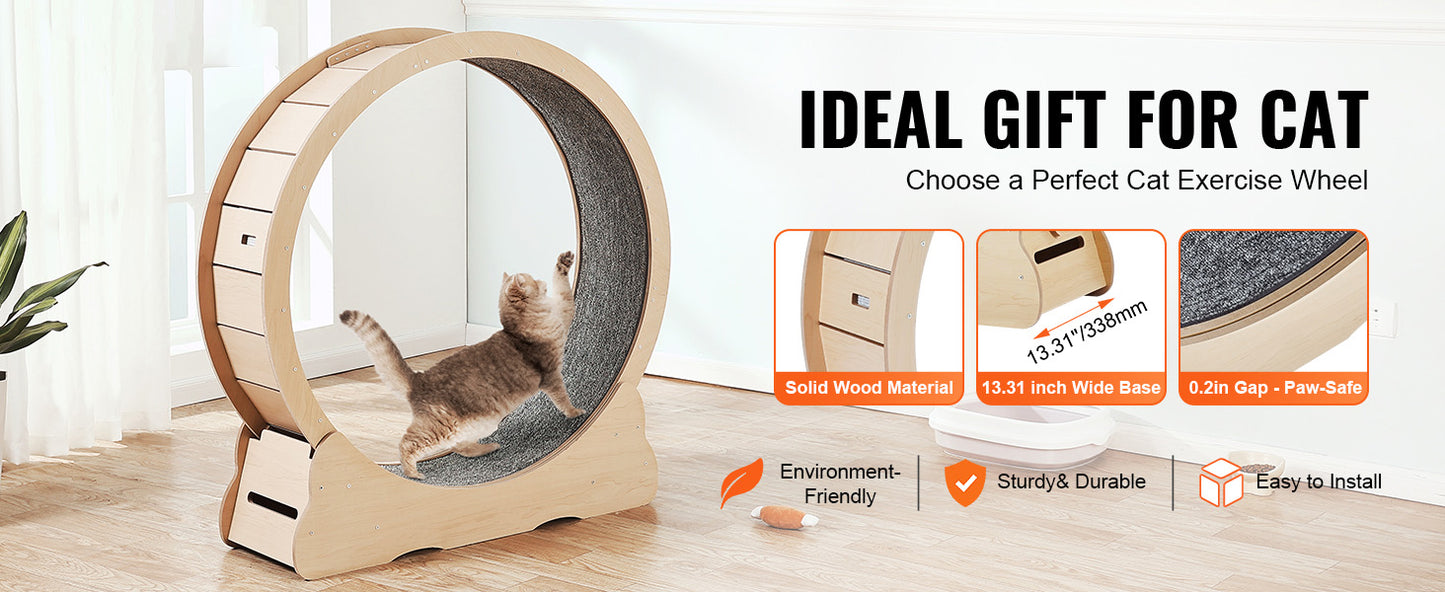 Wooden Cat Exercise Wheel Large Cat Treadmill Wheel for Indoor Cat Running Wheel with Detachable Carpet& Cat Teaser