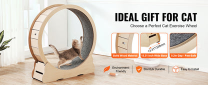 Wooden Cat Exercise Wheel Large Cat Treadmill Wheel for Indoor Cat Running Wheel with Detachable Carpet& Cat Teaser