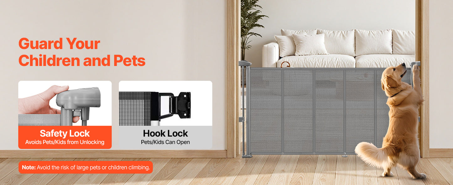 55/71/110in Retractable Baby Gate 34in Tall Extends Wide Retractable Gate for Kids Pets Mesh Material Easy to Install