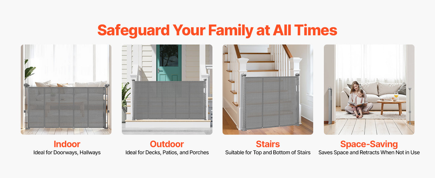55/71/110in Retractable Baby Gate 34in Tall Extends Wide Retractable Gate for Kids Pets Mesh Material Easy to Install